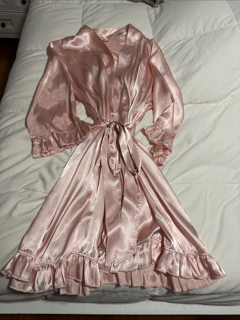 Silky Pink Satin Bridesmaid Robe with Ruffle Trim